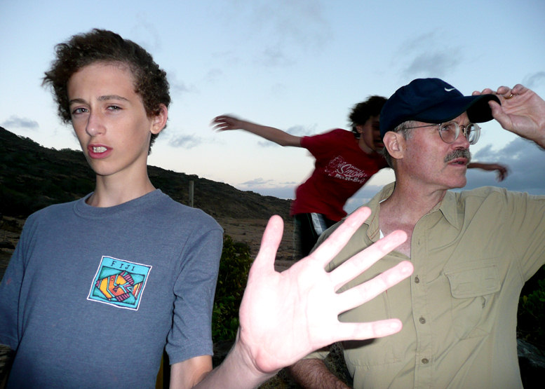 John Hessburg, U.S. Dive Travel founder, with sons Jack & Bo at Makapu'u Ridge trailhead, Oahu island.