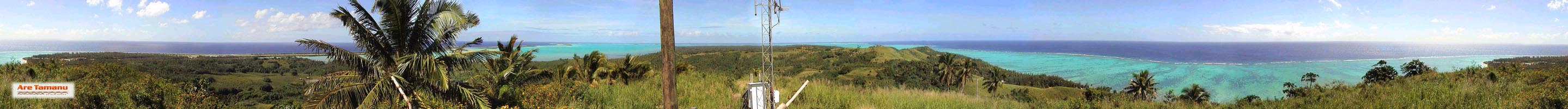 Panoramic view of Aitutaki Lagoon, Cook Islands, from hilltop perch above one of the world's most picturesque atolls.  To view  entire image, drag mouse sideways on toolbar, left to right & back, like a video shot.