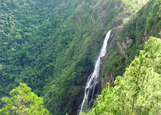 Upper 1,000 feet of 1,500-foot waterfalls inside Mountain Pine Ridge national park, Belize.