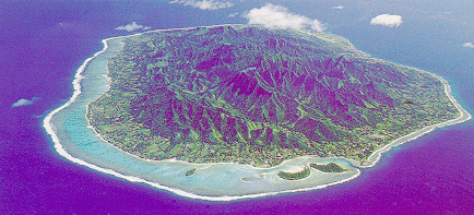 Aerial vista of Rarotonga island,  main isle of the Cook Islands, & starting point for the Aitutaki Lagoon puddle jumper flight.