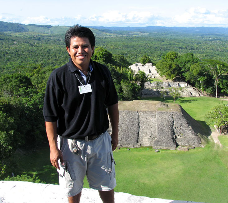 Xunantunich Ruins, central pyramid, Belize countryside visa, tour guide Hector Bol.